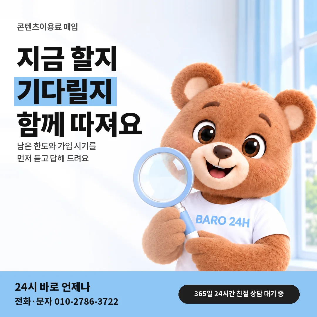 돋보기를 든 BARO 24H 티셔츠를 입은 3D 곰 캐릭터 옆에 「지금 할지 함께 따져요」 제목을 얹은 안내 카드