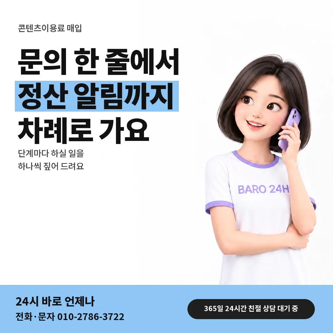 BARO 24H 티셔츠를 입은 3D 인물 옆에 「콘텐츠이용료 매입」 제목을 얹은 안내 카드