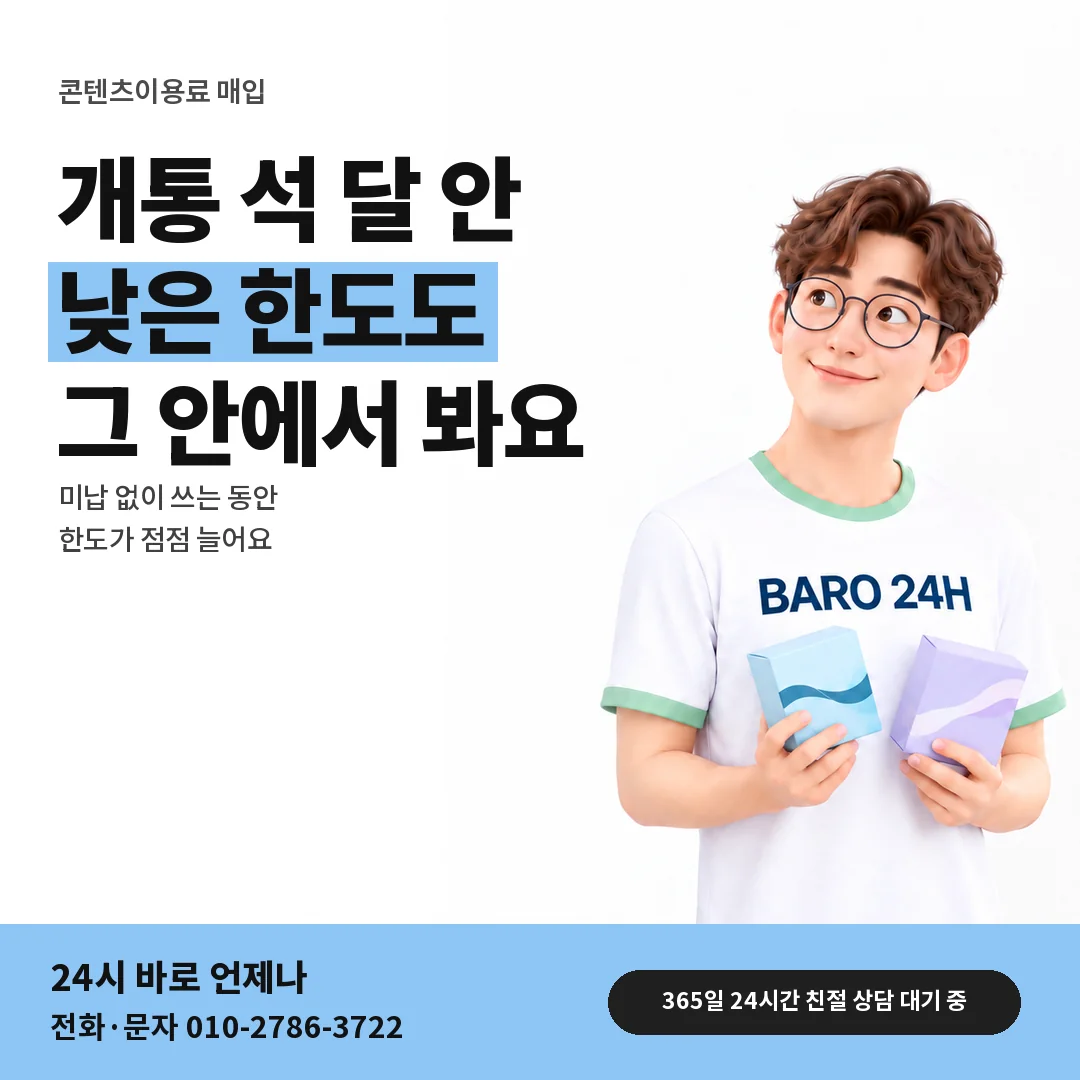 BARO 24H 티셔츠를 입은 3D 인물 옆에 「가입 석 달 안의 한도」 제목을 얹은 안내 카드