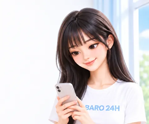휴대폰을 보며 미소 짓는 여성 3D 인물